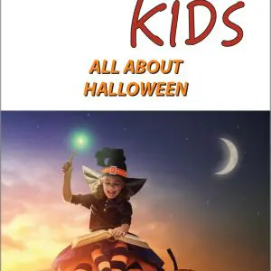 Child in witch costume on pumpkins, moon.